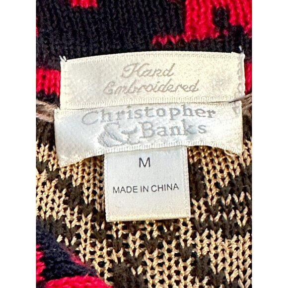 Christopher Banks Red Black Hand Embroidered Cardigan Sweater Christmas Teacher - Picture 4 of 8